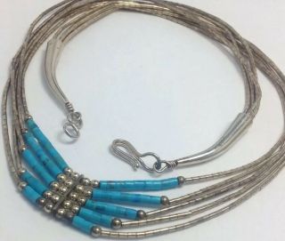Vintage Southwest 17 " (5) Strand Liquid Sterling Silver Turquoise Necklace (e16)