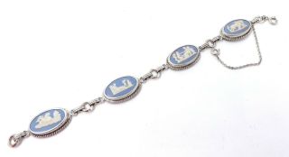 Vintage 925 Sterling Silver Wedgwood Jasperware Blue & White Bracelet 7.  5 " M60