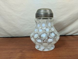 Vintage Mid - Century White Dots Glass Talc Sugar Cheese Shaker W/ Tin Lid