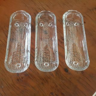 Vintage Jeanette Clear Glass Corn On The Cob Holders/serving Dishes,  Set Of 3
