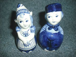 Vintage Delft Blue Holland Dutch Boy And Girl Salt And Pepper Shakers -