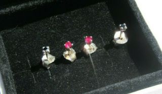 2 Pairs Of Vintage Sterling Silver Small 2mm Real Sapphire & Ruby Stud Earrings