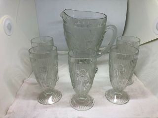 Vintage Jeannette Glass Iris & Herringbone Footed Pitcher And 6 Goblets