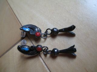 Small Vintage Navajo Sterling Silver Turquoise Coral Dangle Earrings