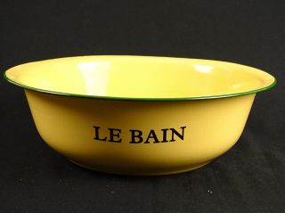 Fine Vintage French Enamel Baby Bath " Le Bain " In Cream And Forrest Green