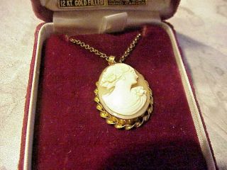 Vintage Gold Filled Real Shell Cameo Pendant On Chain -