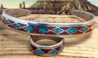Vintage Southwest Sterling Silver Turquoise & Coral Cuff Bracelet & Ring (e36)