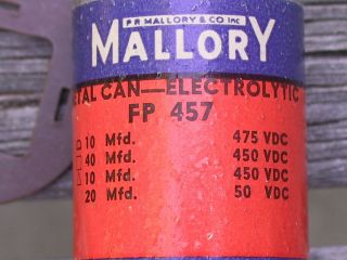 One NOS MALLORY FP 457 10/40/10/20UF 475/450/450//50VDC Audio Can Capacitor 5