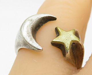 Mexico 925 Silver - Vintage Two Tone Crescent Moon & Star Band Ring Sz 6 - R8995