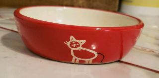 Vtg Red And White Ceramic Kitty Stick Figure Bowl Cat Food Water 5 " In Diameter