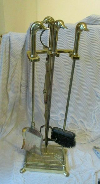 Vintage Brass Duck Head Mallard Fireplace Tool Set 4 Tools Plus Holder 30 " Tall