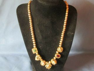 Vintage 1928 Co Gold - Tone Metal Rhinestone Cabochon Faux Pearl Cameo Necklace