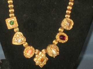 Vintage 1928 Co Gold - Tone Metal Rhinestone Cabochon Faux Pearl Cameo Necklace 2