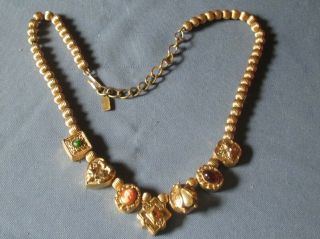 Vintage 1928 Co Gold - Tone Metal Rhinestone Cabochon Faux Pearl Cameo Necklace 3