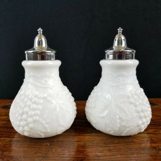 Vintage Imperial White Milk Glass Salt & Pepper Shakers Grape Vine Design Decor
