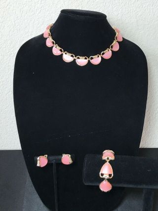 Vintage Coro Pink Parure Set Necklace Clip On Earrings Bracelet Lucite Gold Tone