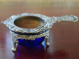 Vintage Silver Plate Metal Tea Strainer Cobalt Bristol Blue Glass Liner On Rest