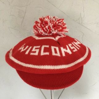 Vintage University Of Wisconsin Badgers Knit Pom Visor Cap Beanie Hat 1970 