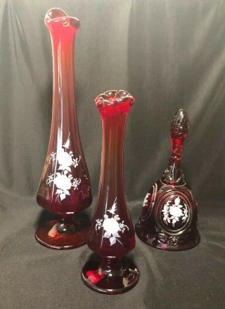 3 Ruby Red Hand Painted And Signed Vintage Fenton - 2 Vases And Bell With Roses