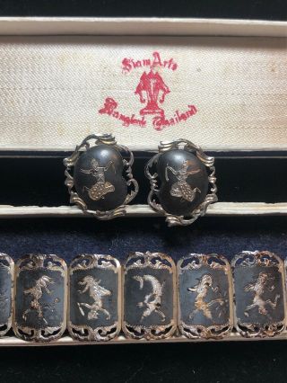 Vintage Siam Sterling Hinged Bracelet And Screwback Earrings Set Box