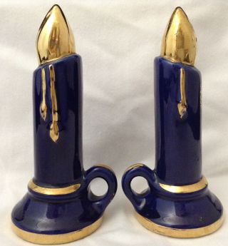 Vtg Cobalt Blue Figural Candlestick Salt Pepper Shakers Ceramic Heavy Gold Trim