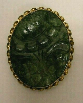 Vintage Estate 1/20 12k Gold Filled Oval Shape Carved Floral Jade Pendant Brooch