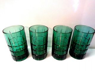 4 Vintage Anchor Hocking Tartan Emerald Drinking Glasses 10 Oz.