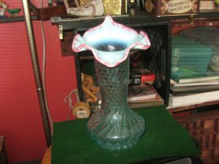 Fenton Vintage Aquamarine Pink Crest Jack In Pulpit Glass Swirl Vase