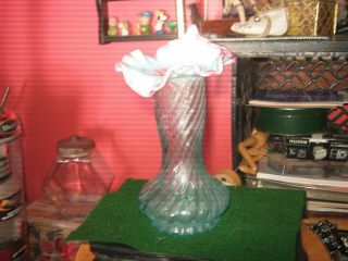 Fenton Vintage aquamarine pink Crest Jack in pulpit Glass Swirl Vase 3