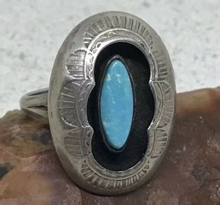 Vintage Navajo Sarah Chee Sterling Silver Turquoise Shadow Box Ring (sz 7.  25)