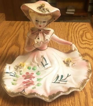 Vintage Japan Ceramic Girl In Pink Dress Vanity Tray Trinket Ring Dish Unmarked