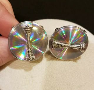 Vtg Holographic Space Needle Seattle Tower Cufflinks,  Silvertone,  25mm Round