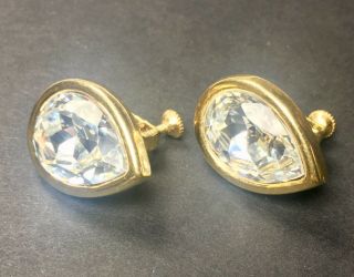 Napier Signed Vintage Screw Back Earrings Large Tear Drop Faceted Art Glass Gold