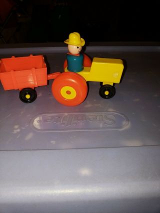 Vintage Fisher Price Little People Yellow Tractor & Red Cart With Farmer
