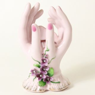 Vintage Lefton China Ceramic Lady Hands Pink Vase With Violets - Made In Japan