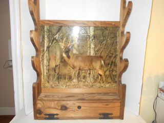 Vintage Wall Mount Wooden Gun Rack With Deer Display And Storage Draw