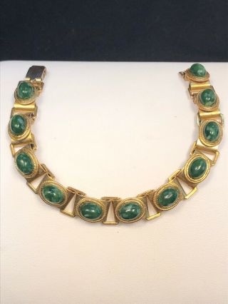 Vintage Green Jade Stone Cabochon Gold Tone Book Link Bracelet 7.  5 Inches Long