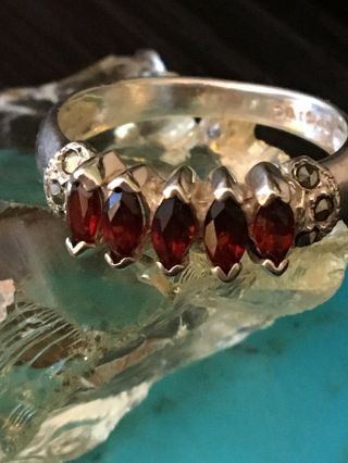 Vintage Red Garnet Marcasite Marquis Cut Sterling Silver Ring 3 G Size 7 1/2
