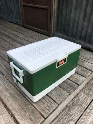 Vintage Coleman Cooler Ice Chest Green & White W/handles 1979