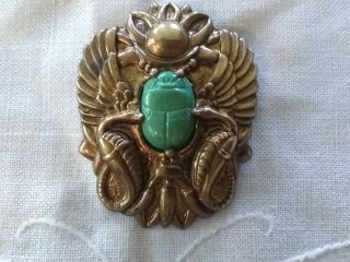 Vtg Art Deco Era Brass Egyptian Revival Brooch Carved Celluloid Scarab & Snakes