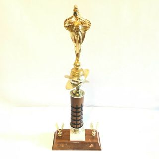 Vintage 17.  5 " Victory Angel W/ Torch Trophy - Marble Base On Top Of Wooden Base