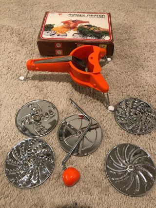 Vintage Rotary Grater With 5 Stainless Steel Blades Orange