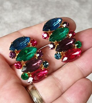 Statement Vintage Art Deco Jewellery Sparkling Colourful Crystal Gold Earrings