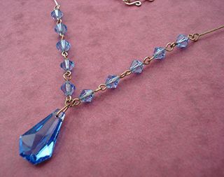 Art Deco Necklace Blue Crystal Bicones & Drop On Rolled Gold Wire Vintage 1930s