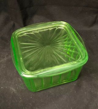 Vintage Vaseline Green Depression Glass Refrigerator Dish Starburst Box W/ Lid