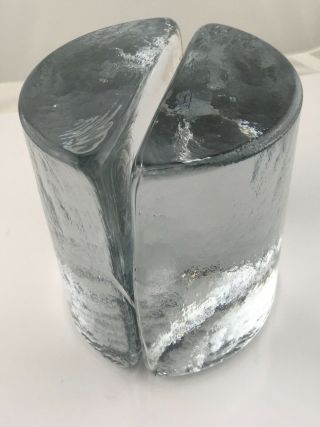 Vintage Blenko Half Moon Clear Ice Wayne Husted Handmade Glass Bookends