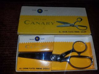 Vintage Yellow Canary Pinking Shears Chrome Plated Sewing Scissors Made In Japan