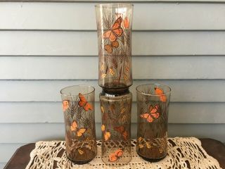 Set Of 4 Vintage Libbey Amber Glass Butterfly & Wheat Glasses Tumblers 6 1/2 "