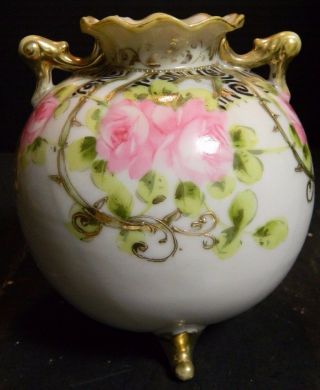 Vintage Hand Painted Gilded Nippon Footed Handled Vase 5 " X 4.  25 " Very Good Cond