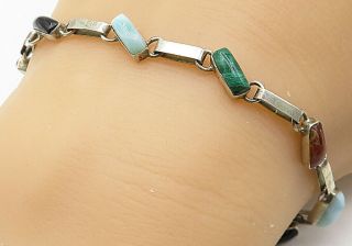 925 Silver - Vintage Larimar Malachite Amber & Onyx Chain Bracelet - B4403